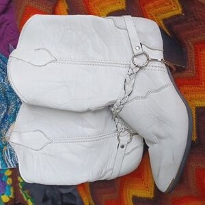 Vtg Frye Leather Boots Women's Sz 9 Braided Harness Block 2" Heel Pointed White